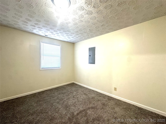 spare room featuring a textured ceiling, carpet, and electric panel