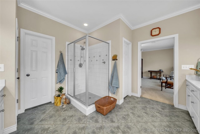 bathroom with an enclosed shower, crown molding, and vanity