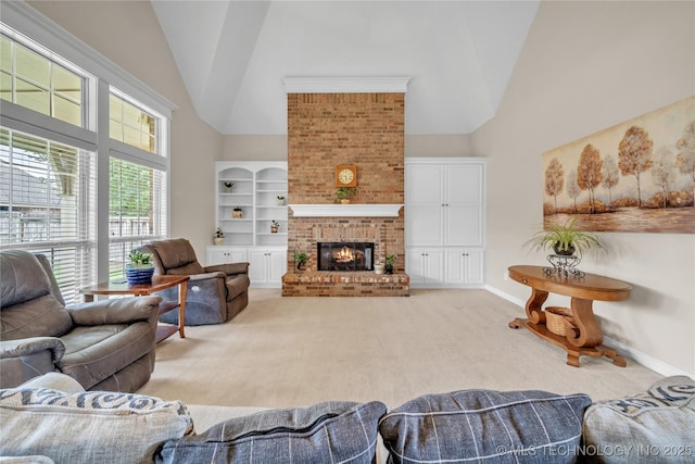 living room featuring a high ceiling, a brick fireplace, and carpet floors