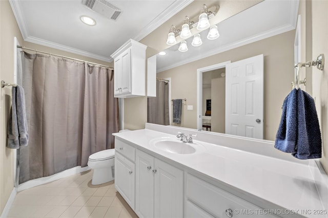 bathroom with ornamental molding, tile patterned flooring, vanity, and toilet