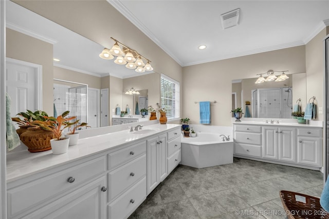 bathroom with crown molding, vanity, and shower with separate bathtub