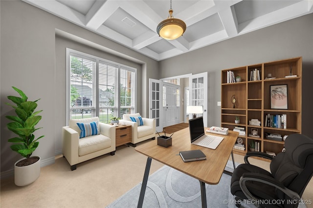 carpeted office with beamed ceiling, french doors, and coffered ceiling