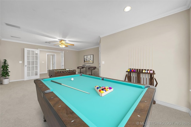 playroom with ornamental molding, billiards, and light carpet