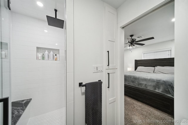 bedroom featuring ceiling fan and carpet