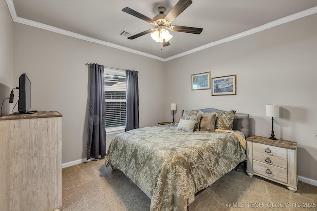 bedroom featuring ceiling fan, crown molding, and carpet floors