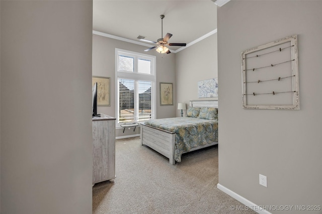 carpeted bedroom featuring multiple windows, ceiling fan, and ornamental molding