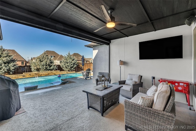 exterior space featuring pool water feature, an outdoor hangout area, ceiling fan, a grill, and a fenced in pool