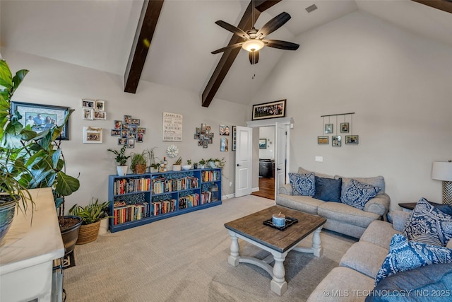 carpeted living room featuring ceiling fan, high vaulted ceiling, and beamed ceiling