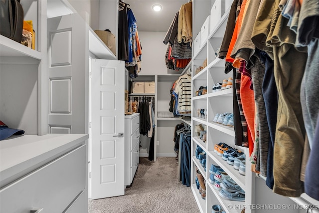 spacious closet featuring light colored carpet