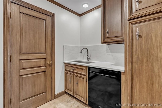 kitchen featuring black dishwasher, a sink, light countertops, crown molding, and backsplash