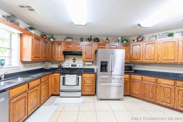 kitchen featuring sink, appliances with stainless steel finishes, and light tile patterned flooring