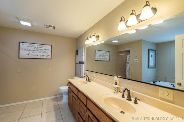 full bathroom with toilet, shower with separate bathtub, tile patterned floors, and vanity