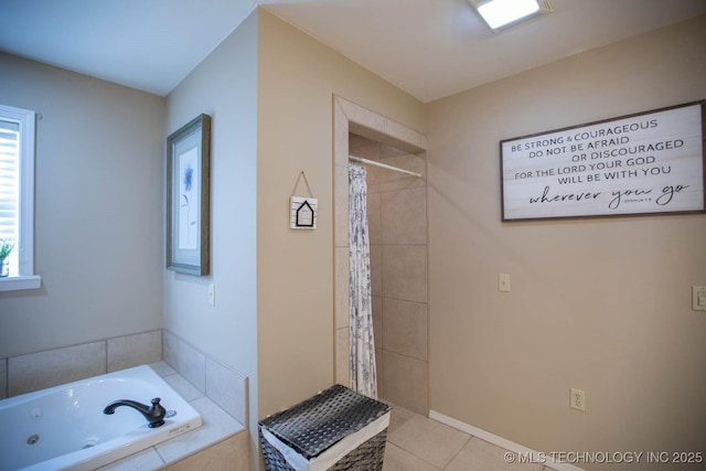 bathroom featuring independent shower and bath and tile patterned floors