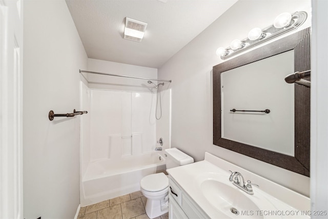 full bathroom featuring a textured ceiling, tile patterned floors, vanity, shower / bath combination, and toilet