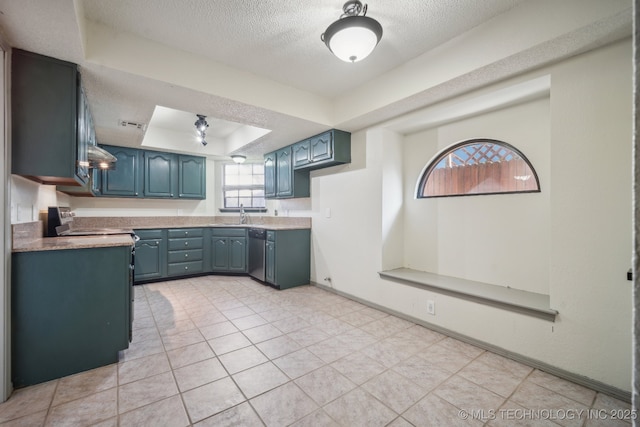 kitchen featuring blue cabinets, a raised ceiling, a textured ceiling, baseboards, and dishwasher