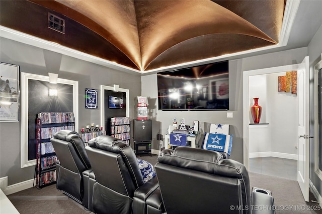 home theater featuring brick ceiling and lofted ceiling