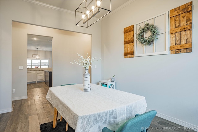 dining room with crown molding and dark hardwood / wood-style floors