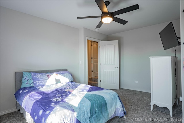 bedroom featuring ceiling fan and carpet floors