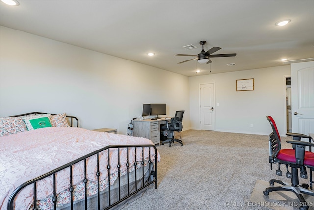 carpeted bedroom featuring ceiling fan