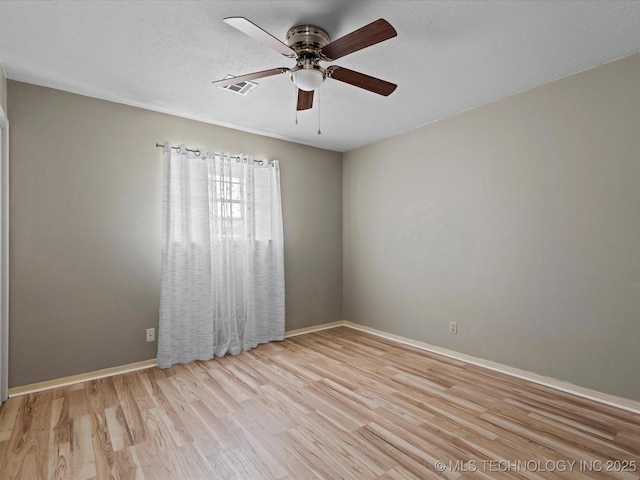 unfurnished room with ceiling fan and light hardwood / wood-style flooring