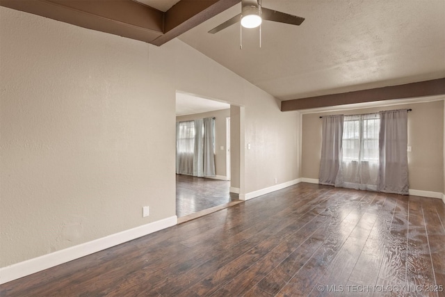 empty room with ceiling fan, lofted ceiling with beams, dark hardwood / wood-style flooring, and a textured ceiling