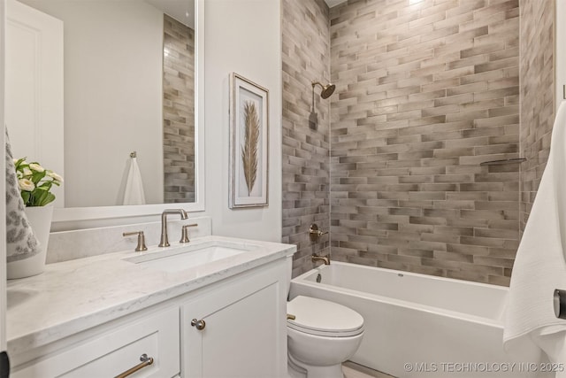 full bathroom featuring toilet, vanity, and shower / bathtub combination with curtain