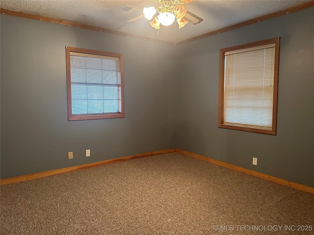 spare room featuring ceiling fan, carpet, and a textured ceiling