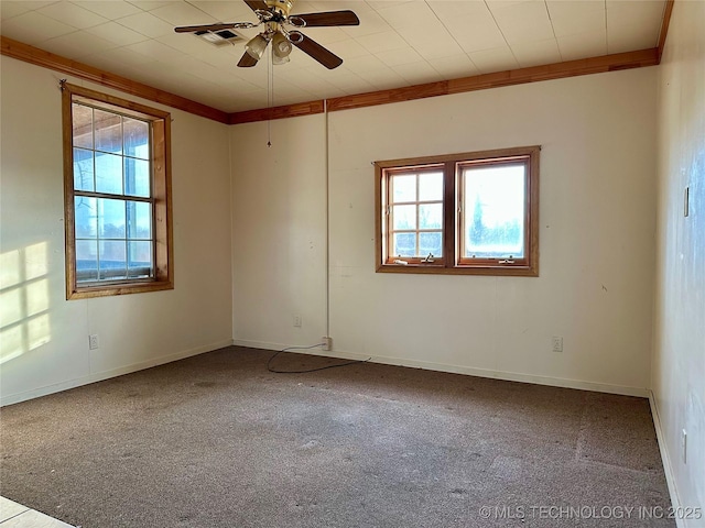 empty room featuring ceiling fan, crown molding, and carpet floors