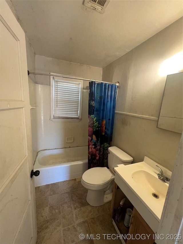 bathroom featuring visible vents, toilet, vanity, and shower / bath combination with curtain