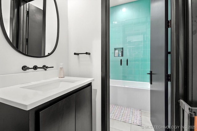 bathroom with shower with separate bathtub, vanity, and tile patterned flooring