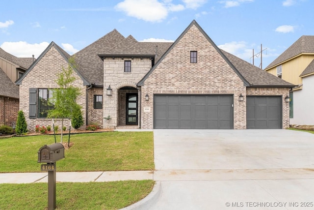 view of front of house with a front lawn and a garage