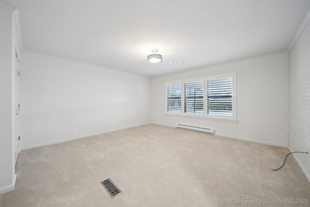 carpeted spare room featuring ornamental molding and a baseboard radiator