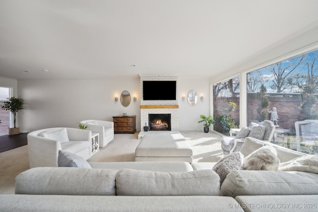 living room featuring a fireplace