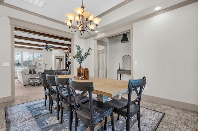 dining area featuring carpet, crown molding, beamed ceiling, and ceiling fan with notable chandelier