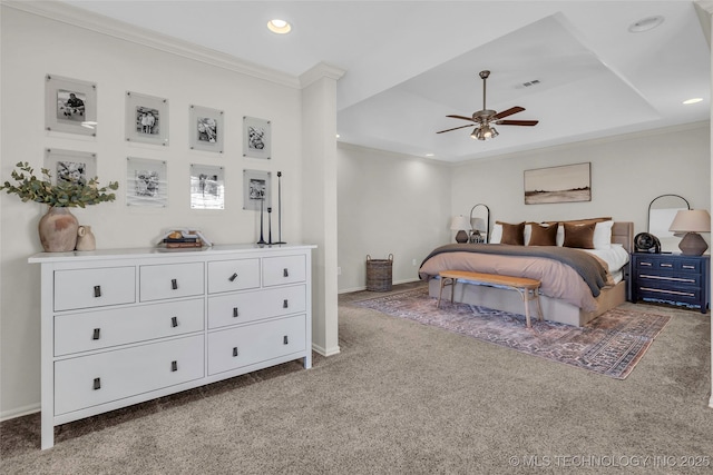 carpeted bedroom with ceiling fan and crown molding