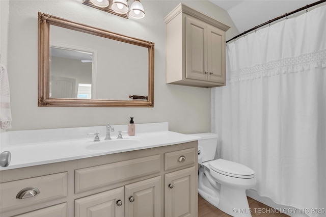 bathroom featuring lofted ceiling, vanity, wood-type flooring, and toilet