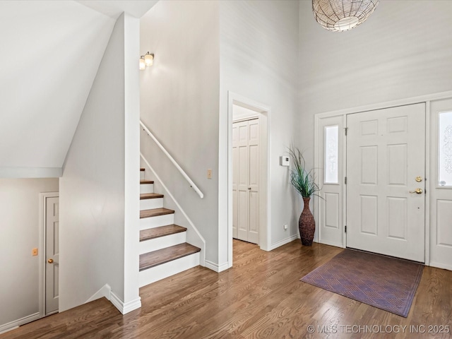 entrance foyer featuring a towering ceiling and wood-type flooring