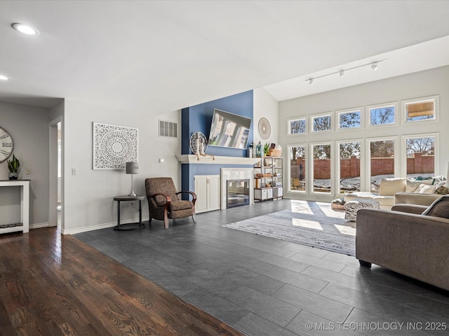 living room featuring dark wood-type flooring