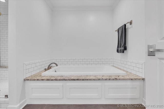 bathroom featuring tile patterned floors, crown molding, and a bathing tub