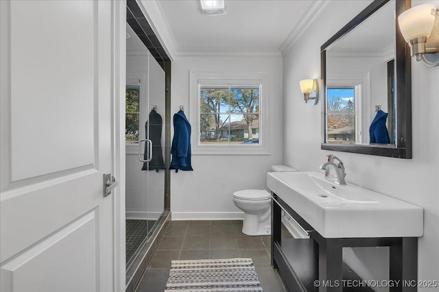 bathroom with crown molding, an enclosed shower, a healthy amount of sunlight, and tile patterned flooring