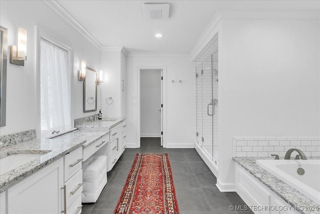 bathroom featuring separate shower and tub, vanity, and ornamental molding