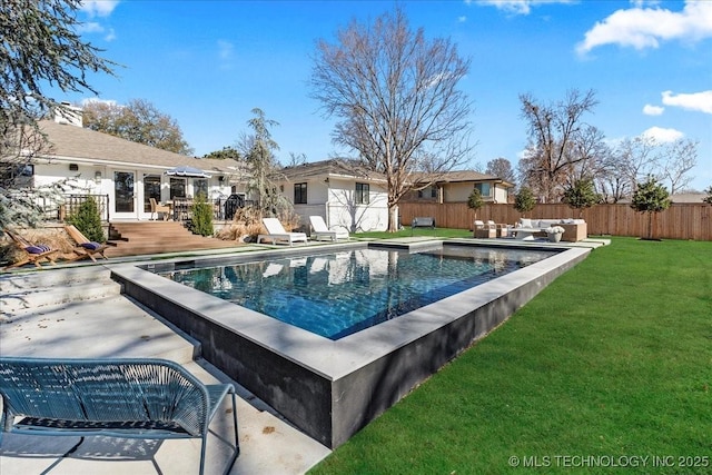 view of swimming pool with a deck, a lawn, and an outdoor hangout area