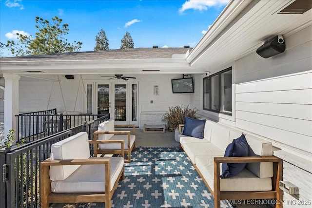 view of patio with ceiling fan and outdoor lounge area