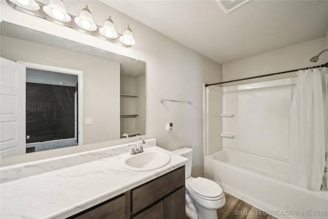 full bathroom with toilet, vanity, shower / tub combo, and hardwood / wood-style floors