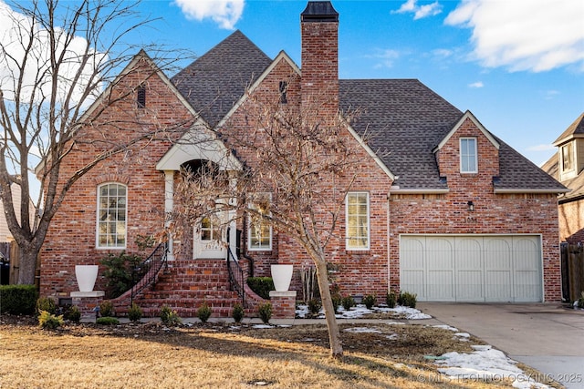 tudor-style house with a garage