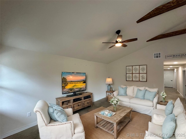 carpeted living room with ceiling fan and lofted ceiling with beams