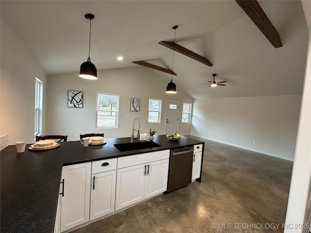 kitchen with ceiling fan, dishwasher, pendant lighting, sink, and white cabinetry