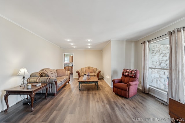 living room featuring hardwood / wood-style floors and ornamental molding