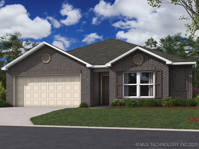 view of front of property featuring a garage and a front lawn