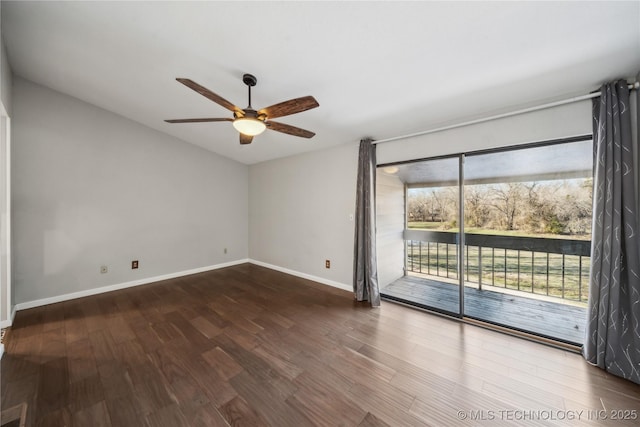 empty room with ceiling fan, dark hardwood / wood-style flooring, and a healthy amount of sunlight